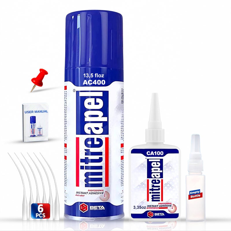 mitreapel طقم غراء MITREAPEL CA مع مُنشط (3.5 أونصة + 13.5 أونصة سائلة) لاصق سيانوأكريلات احترافي ورابط فوري ومسرع غراء فائق للأعمال الخشبية مع أغطية إضافية ونصائح دقيقة، للأعمال اليدوية والحرف، البلاستيك، الإصلاح - Image 1